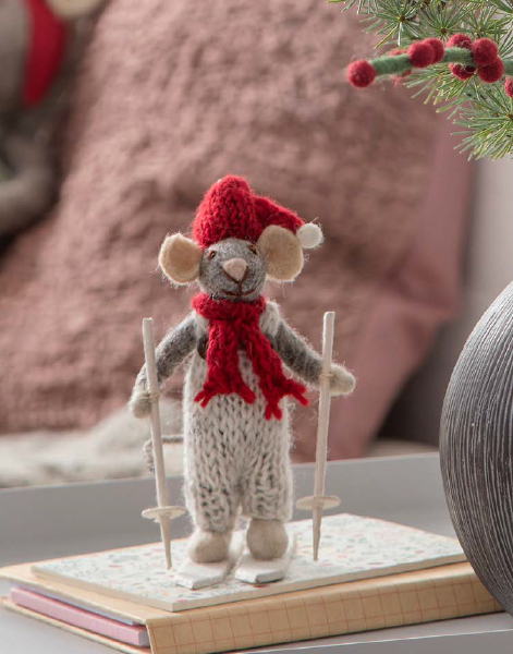 Small Boy Mouse on Skis w/ Grey Pants - Grey  (12cm)