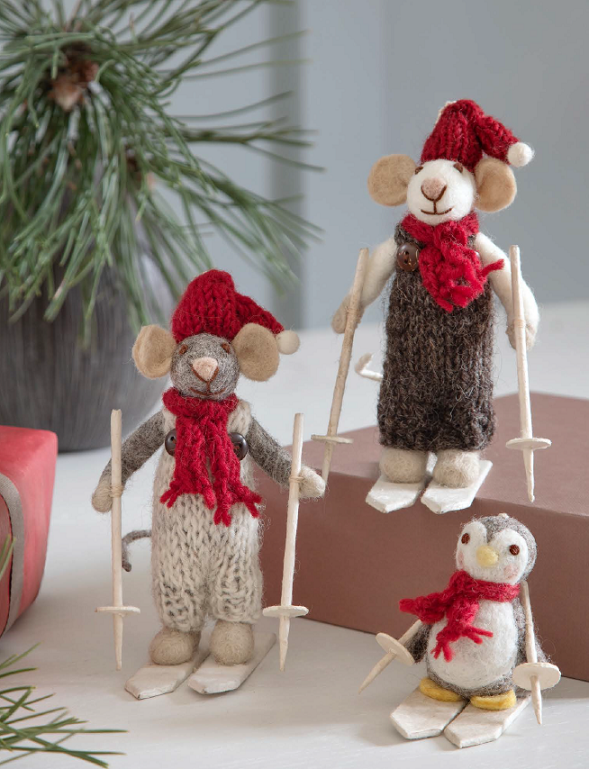 Small Boy Mouse on Skis w/ Grey Pants - Grey  (12cm)