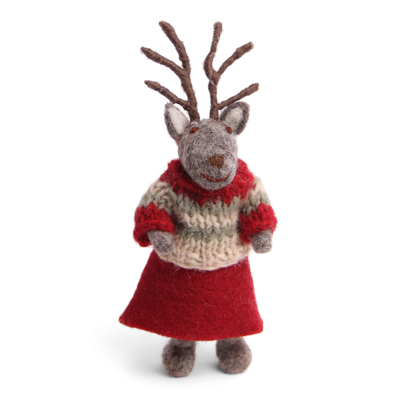 Small Felted Girl Deer with Skirt and Sweater - Grey (12cm)