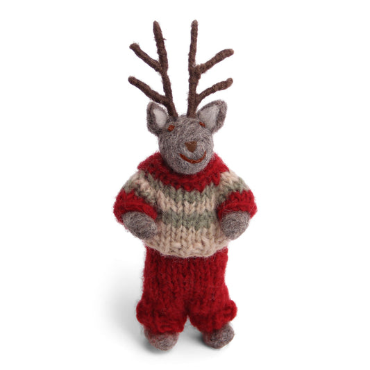 Small Felted Boy Deer with Pants and Sweater - Grey (12cm)