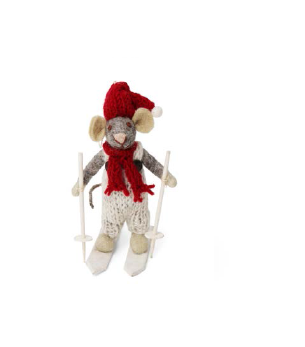 Small Boy Mouse on Skis w/ Grey Pants - Grey  (12cm)