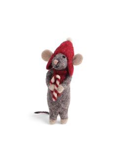 Small Felted Mouse with Candy Cane - Grey (11cm)