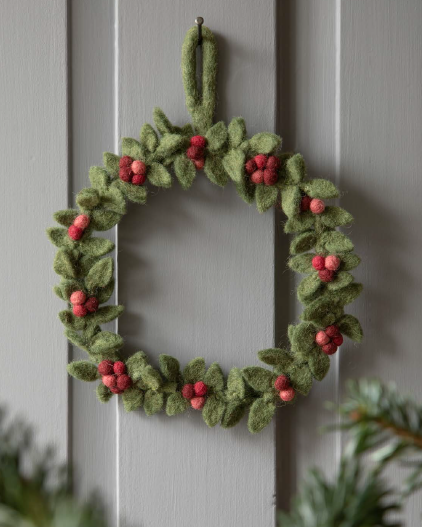 Large Felted Wreath with Red Berries - Green (30cm)